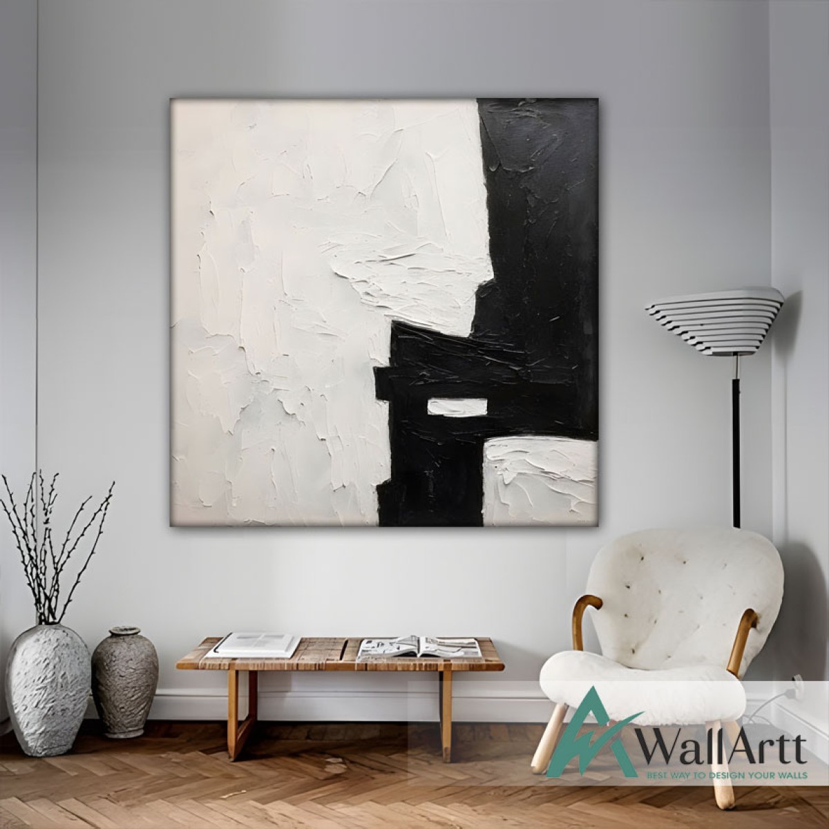 Black White Square Textured Partial Oil Painting - Wall Art